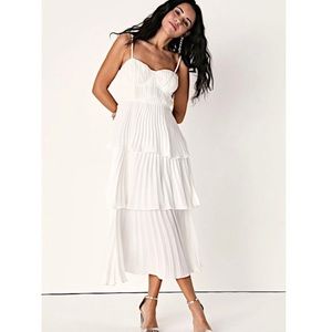 Lulu's Cascading Crush Tiered & Pleated Bustier Midi Dress in White